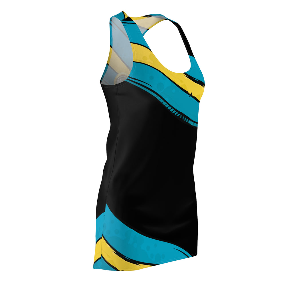 BH Color AOP black dress side view — tagless, true-to-size, lightweight fabric