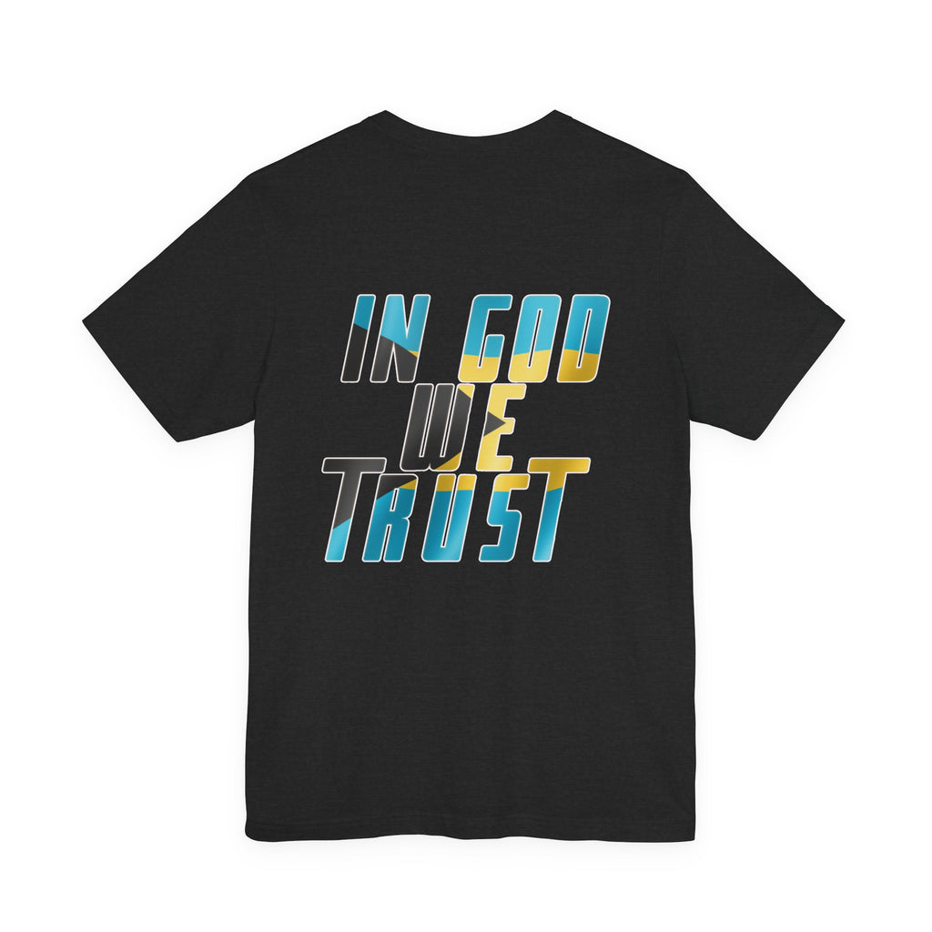 Black t-shirt with 'IN GOD WE TRUST' text in blue and yellow on a white background