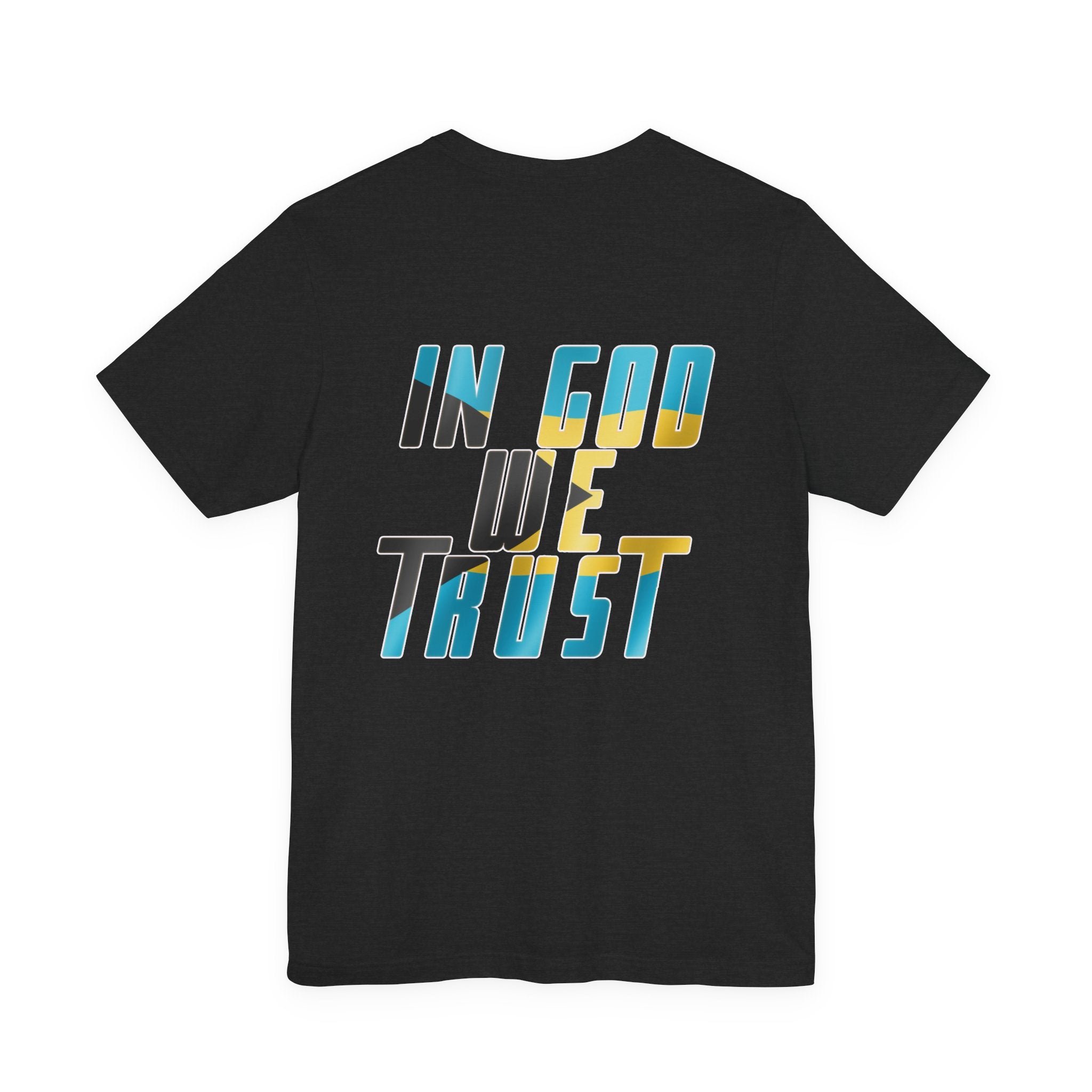 Black t-shirt with 'IN GOD WE TRUST' text in blue and yellow on a white background