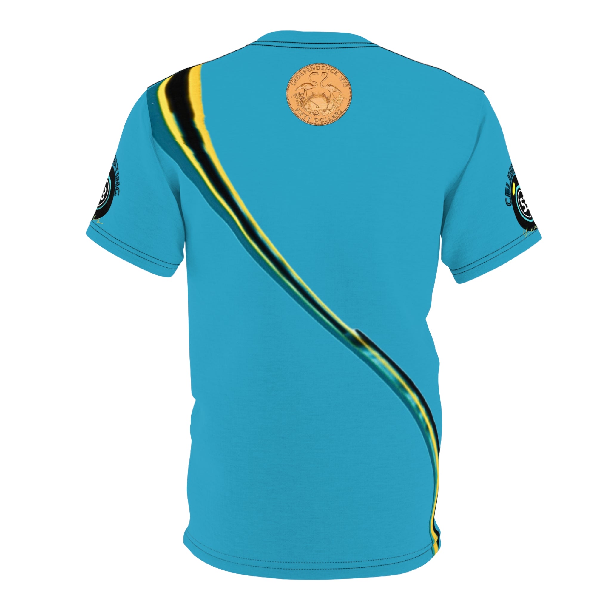 Blue sports jersey with a logo on the back against a white background