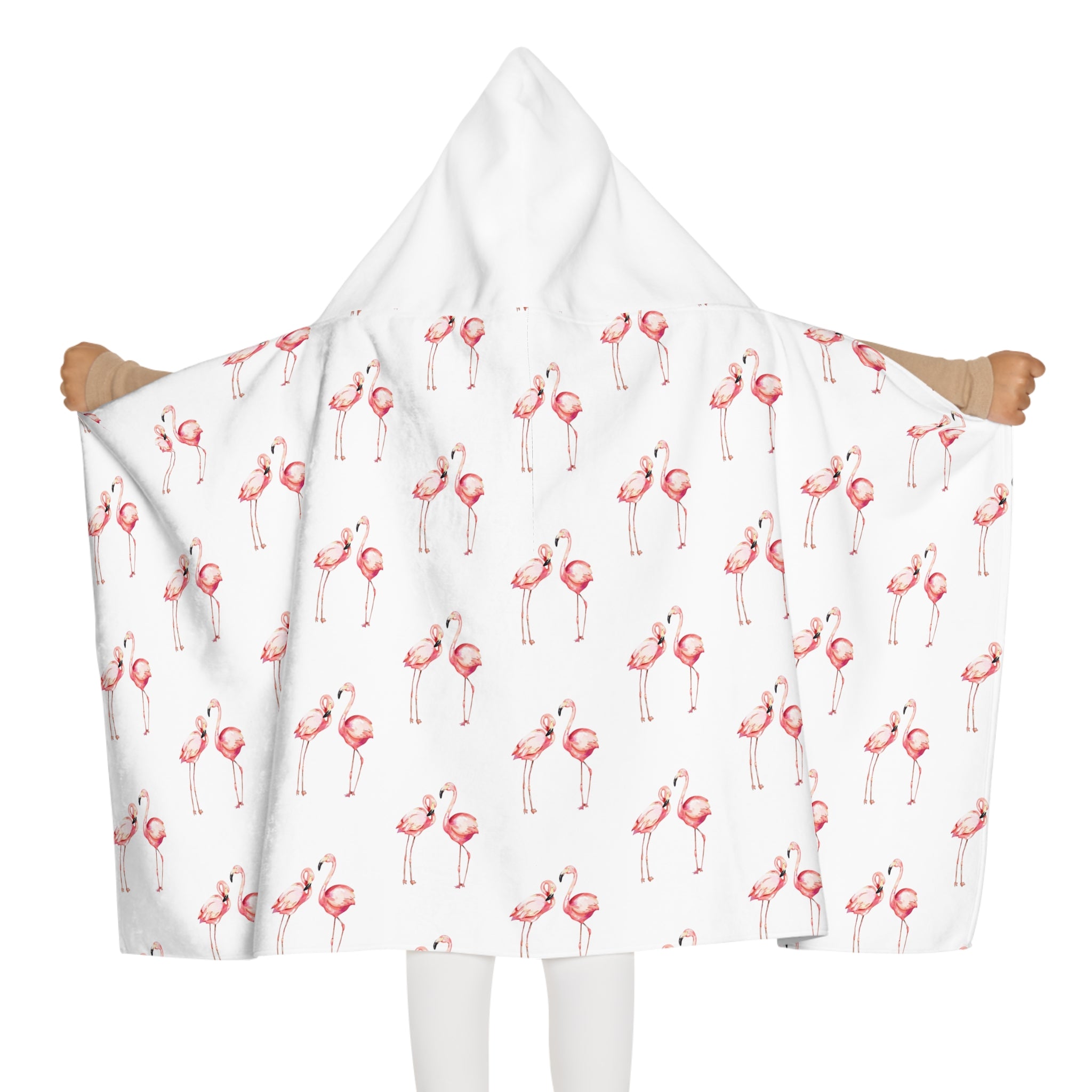 Youth Flamingo Hooded Towel front view — 24x48 inch kids AOP hooded beach towel