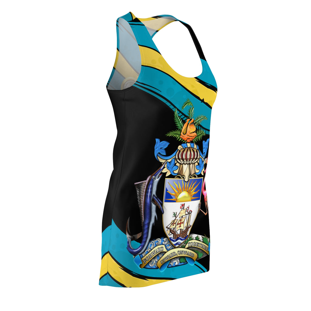 Coat of Arms AOP dress side view — tagless, true-to-size, assembled in the USA