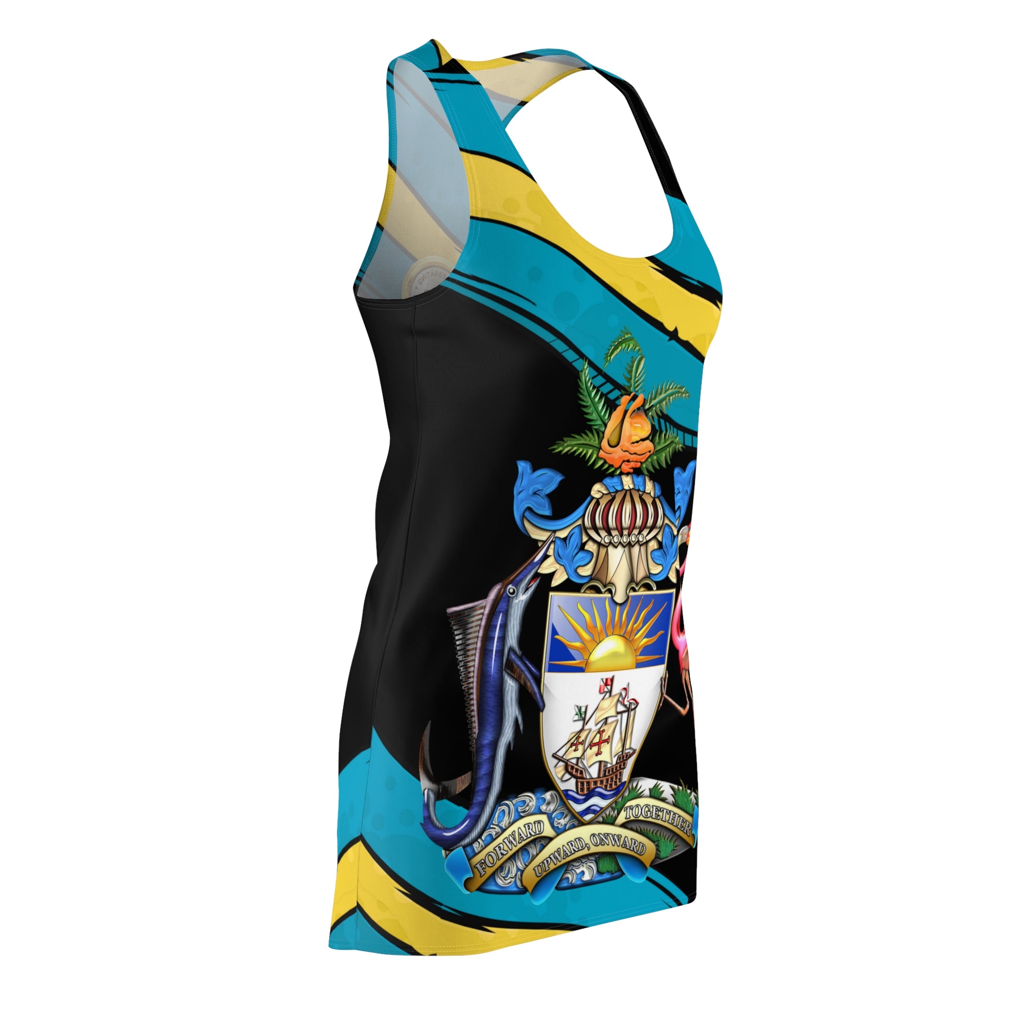 Coat of Arms AOP dress side view — tagless, true-to-size, assembled in the USA