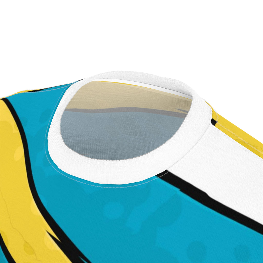 Close-up of a colorful inflatable pool toy with blue, yellow, and white colors on a white background.