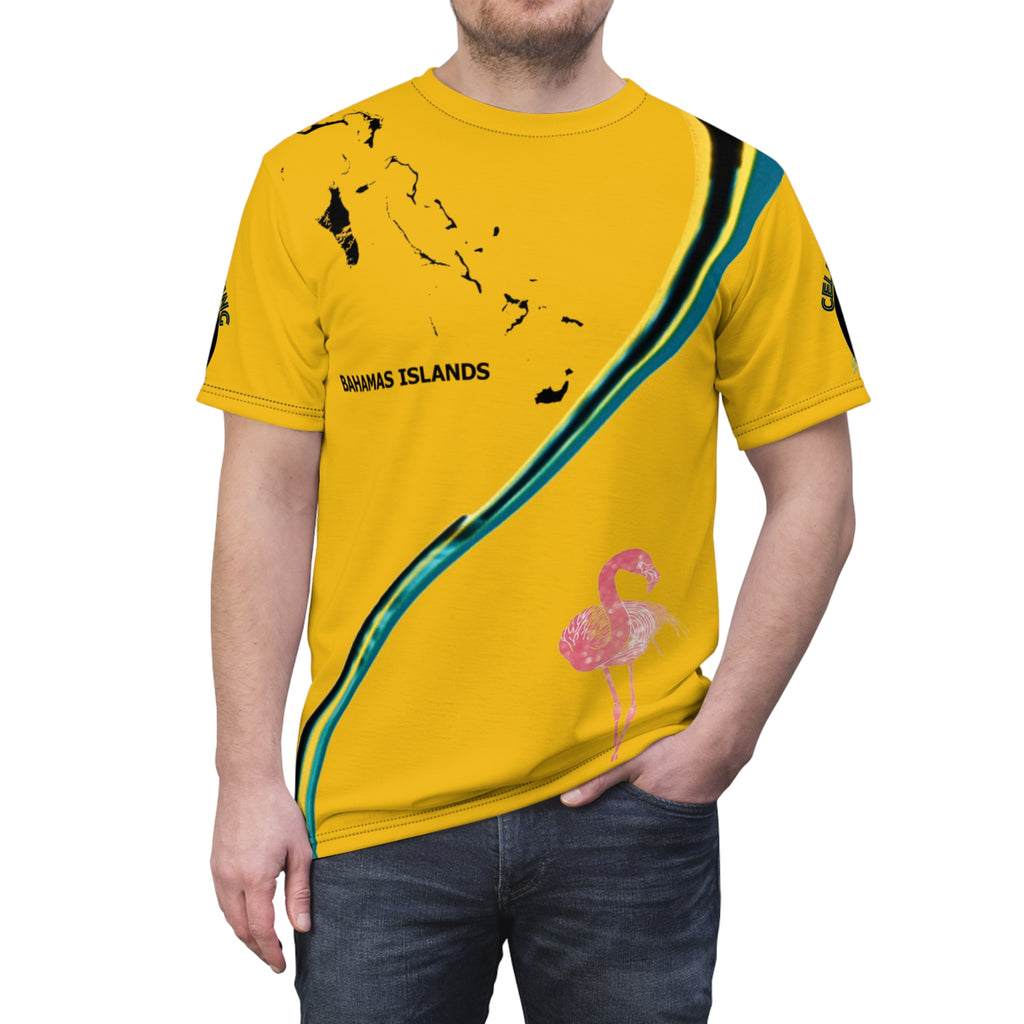 Yellow t-shirt with flamingo design and 'Bahamas Islands' text on a white background