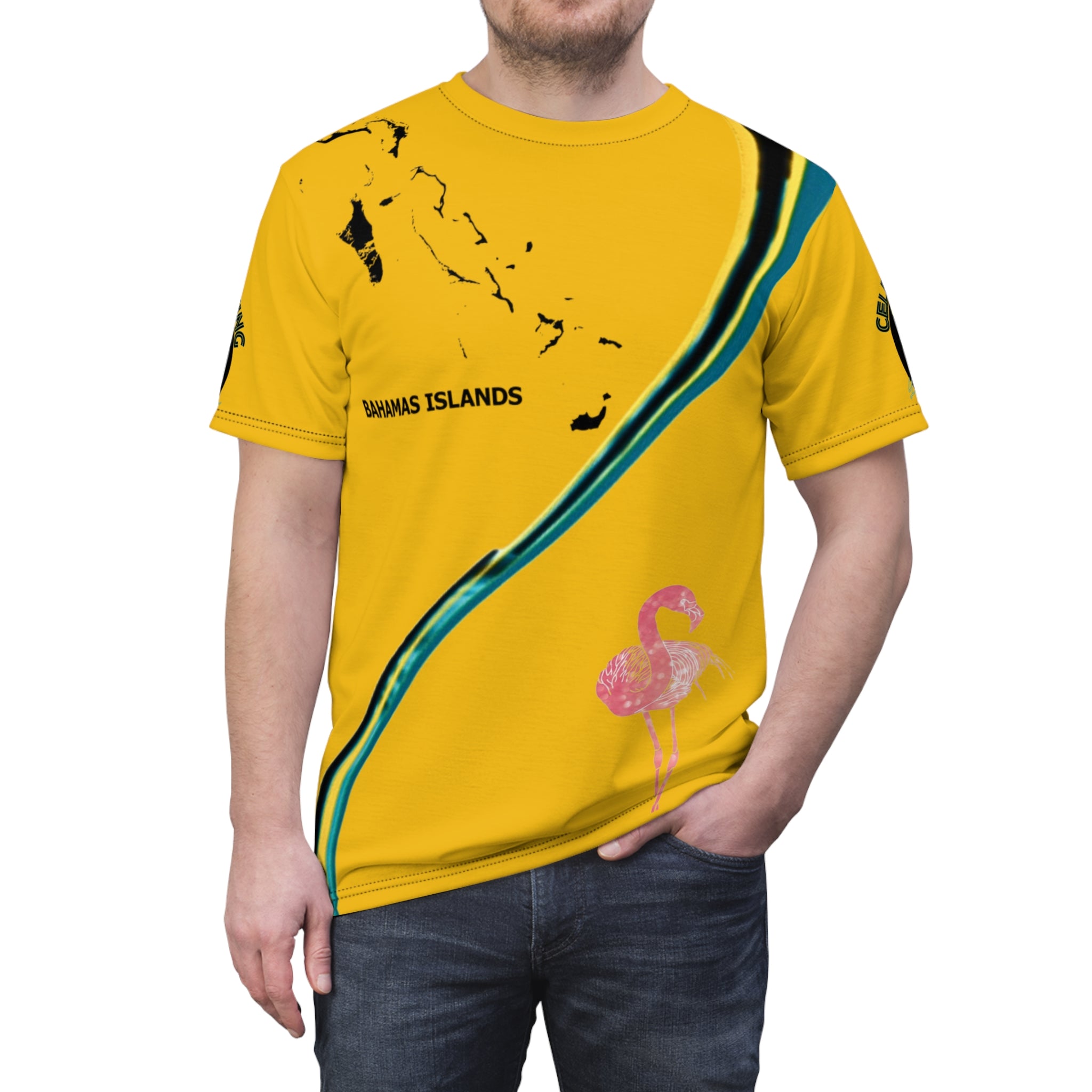 Yellow t-shirt with flamingo design and 'Bahamas Islands' text on a white background