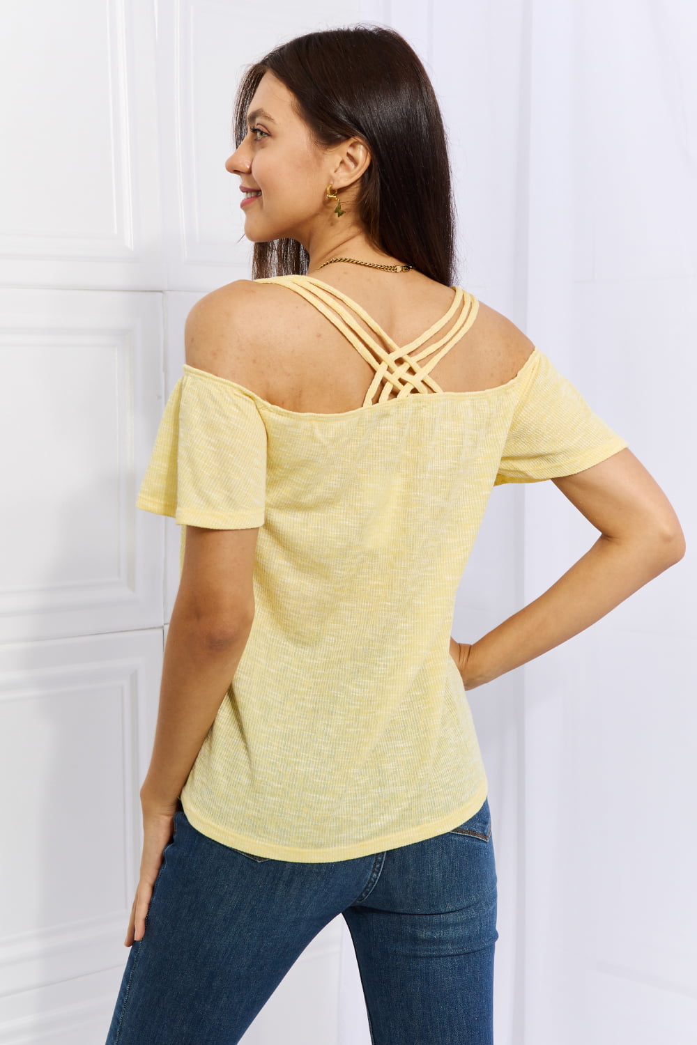 Off The Shoulder Flare Sleeve Top in Sand Yellow