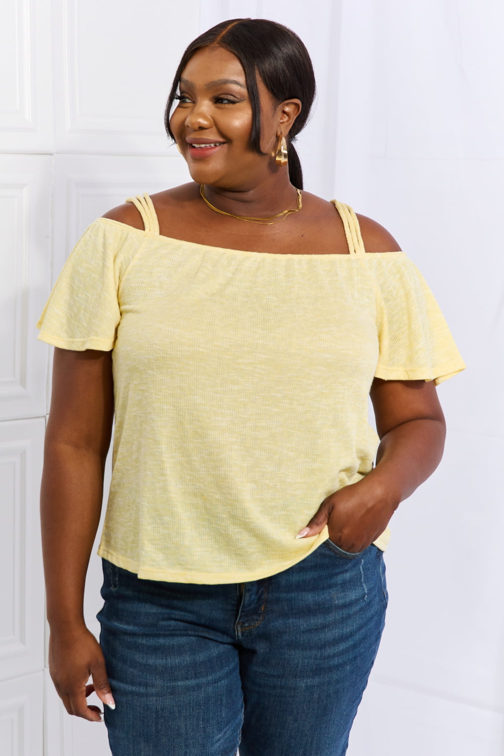 Off The Shoulder Flare Sleeve Top in Sand Yellow