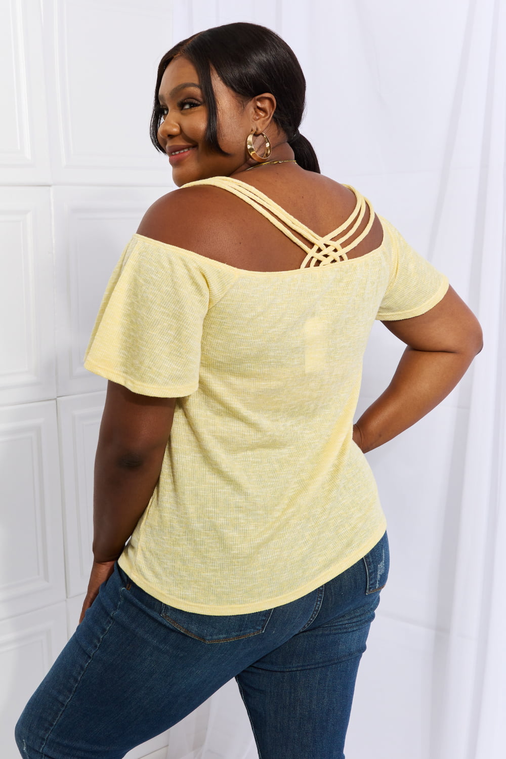 Off The Shoulder Flare Sleeve Top in Sand Yellow