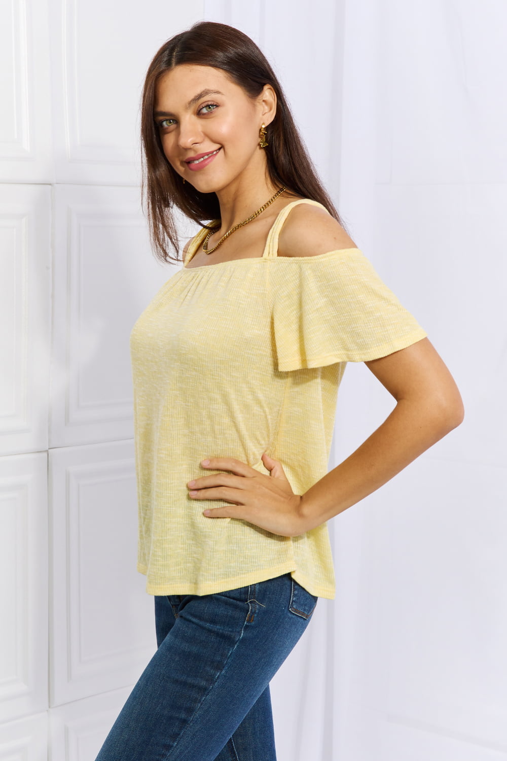 Off The Shoulder Flare Sleeve Top in Sand Yellow